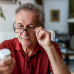 Older man examining a medication bottle closely, evaluating the different prescription dosages for erectile dysfunction treatments.