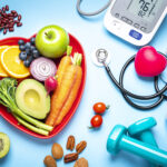A balanced diet with fruits, vegetables, and grains, complemented by exercise, illustrating healthy lifestyle choices.