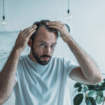 Adult man examining his reflection in the mirror, representing the journey of understanding hair loss and exploring natural treatments.