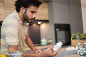 Man holding a bottle of Prozac® (fluoxetine), reading about the risks of combining alcohol with the medication and its potential impact on effectiveness and side effects.