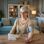 A woman measuring her blood pressure at home, symbolizing the importance of regular monitoring in managing blood pressure and choosing the right medication for heart health